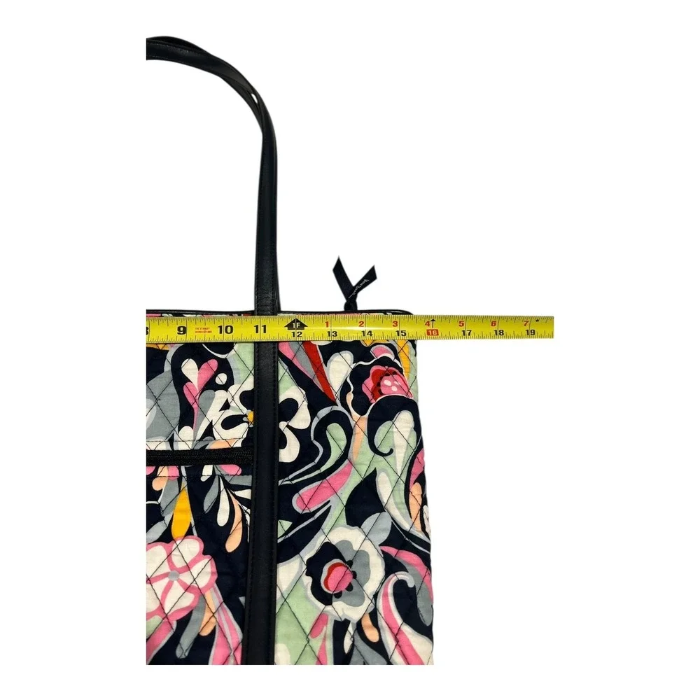 Vera Bradley Floral Quilted‎ Tote Bag Black Leather Trim Shoulder Bag
